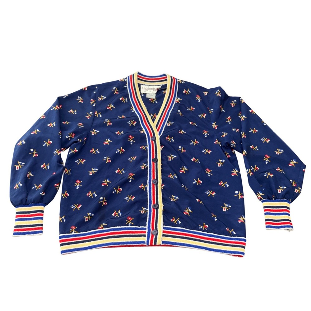 Vintage Castleberry Cardigan Womens 12 Navy Blue Nautical Flag Print USA Made